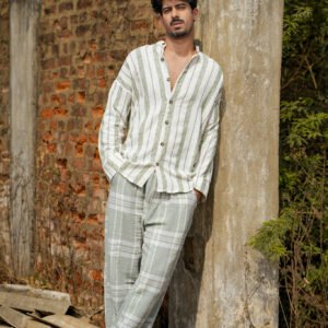 GREEN STRIPED COTTON LINEN DROP SHOULDER SHIRT + GREEN AND WHITE CHECK PATTERN JOGGER