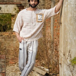 RAW EDGE FINISH WEAVED T-SHIRT WHITE BLACK STRIPED PATCH + WHITE AND BLACK BOLD STRIPE CARROT FIT TROUSER