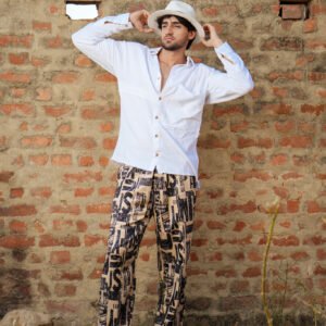 WHITE COTTON LINEN FULL SLEEVE SHIRT + NEWSPAPER PRINT JOGGER TROUSER