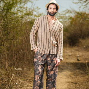 BROWN WITH BLACK STRIPES TEXTURED DROP SHOULDER SHIRT + CAMOUFLAGE PRINT JOGGER TROUSER