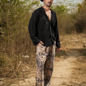 KNITTED BLACK DROP SHOULDER SHIRT + NUMERIC PRINT JOGGER TROUSER