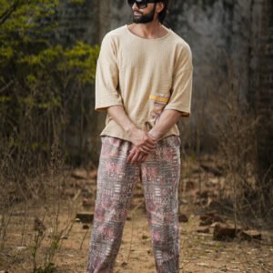 BEIGE TEXTURED DROP SHOULDER T-SHIRT WITH TRIBAL PATCH + ABSTRACT PRINT JOGGER TROUSER