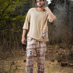 BEIGE TEXTURED DROP SHOULDER T-SHIRT WITH ABSTRACT PATCH +TRIBAL PRINT JOGGER TROUSER