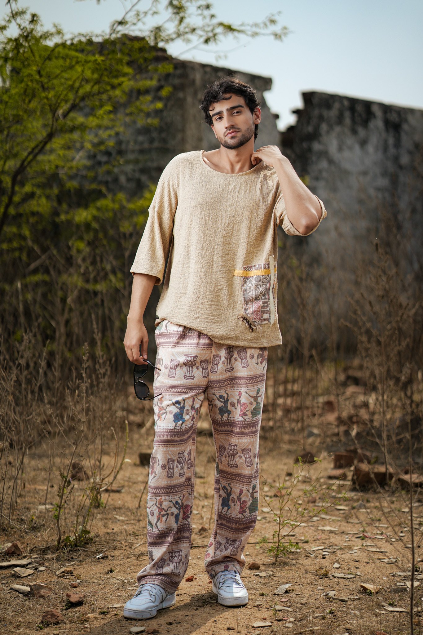 BEIGE TEXTURED DROP SHOULDER T-SHIRT WITH ABSTRACT PATCH +TRIBAL PRINT JOGGER TROUSER